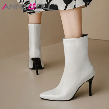 ANNYMOLI/ Женские модные ботинки из искусственной кожи, Ботильоны на тонком высоком каблуке, Короткие Пинетки с острым носком, Пикантная Зимняя обувь