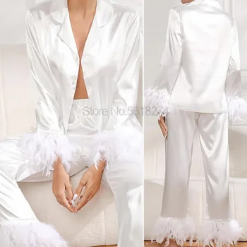Пижама из перьев Pour Femme, ночная рубашка с длинным рукавом, женская пижама со съемной домашней одеждой, одежда для отдыха с эластичным поясом на талии
