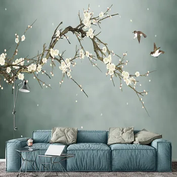 Ручная роспись, цветок сливы, птица воробей, 3D обои на заказ, наклейки на стены, мебель для гостиной, спальни