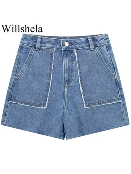 Willshela Женская мода с карманами Джинсовые синие юбки на молнии спереди, шорты, винтажные женские шорты с высокой талией, Шикарные Женские шорты