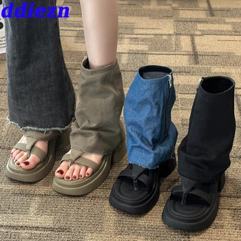 Новинка 2023 года, модные сандалии на молнии, женские современные ботинки, джинсовые женские короткие ботильоны, обувь на каблуке, женские шлепанцы