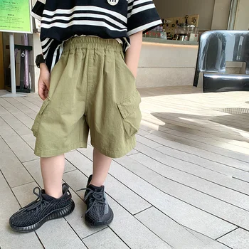 Модные брюки-карго для мальчиков длиной до колена, летние шорты 2023, детские красивые брюки средней длины с карманами