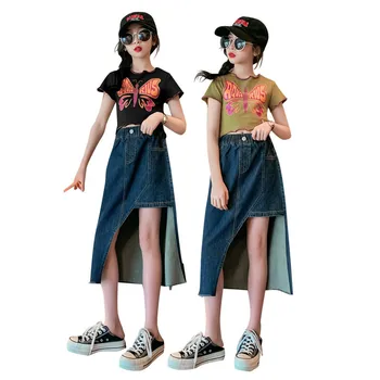 Одежда для девочек, летняя модная футболка с принтом бабочки, пуловер + джинсовая юбка нестандартной формы, повседневная одежда из 2 предметов, детская одежда от 4 до 14 лет