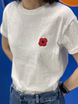 Французская новая женская футболка с цветочной вышивкой 2023, летняя простая футболка с коротким рукавом, женский универсальный пуловер с круглым вырезом, топ