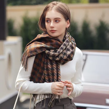 VISROVER новый клетчатый женский зимний шарф, модные женские шали, кашемировые зимние палантины с длинными кисточками, зимний шарф-хиджаб