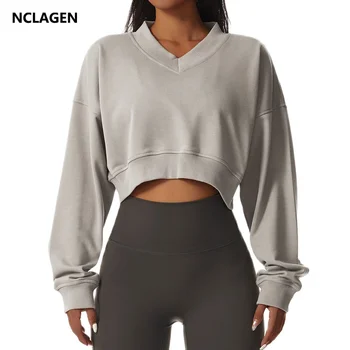 Спортивные рубашки NCLAGEN, женский укороченный топ для фитнеса с V-образным вырезом и длинным рукавом, эластичная повседневная толстовка для тренировок в тренажерном зале