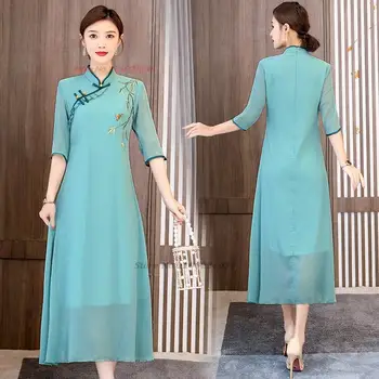 2023 традиционное китайское винтажное платье улучшенное ципао чонсам с национальной цветочной вышивкой шифоновое платье вечернее платье vestido