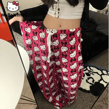 Sanrio Hello Kitty Широкие Брюки Женские Модные Американские Винтажные Брюки Traf Y2k Брюки С Мультяшным Принтом Новые Эстетические Повседневные Брюки