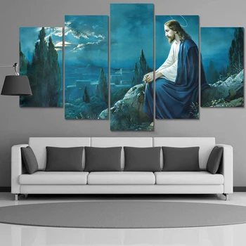 Современная картина с HD-принтом для гостиной, 5 панелей, Модульное украшение Иисуса, Плакаты, Картина на холсте, Настенное произведение искусства, Домашняя рамка