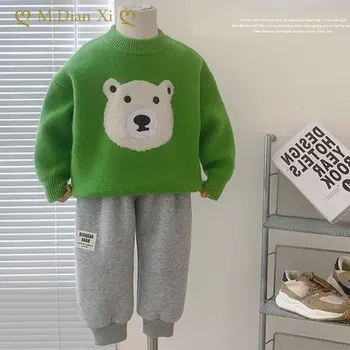 Свитер для мальчиков Осенне-зимняя детская одежда Детский вязаный свитер Корейская версия Полотенце с медведем, вышитый топ для девочки