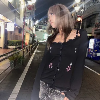 Y2K кружевная лоскутная футболка с длинными рукавами в виде звезды 2022 в корейском стиле, новые винтажные готические сказочные гранж 2000-х, уличные женские топы