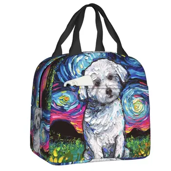 Звездная ночь Мальтийская собака Термоизолированные сумки для ланча Женская сумка для ланча для школы офиса на открытом воздухе Многофункциональная коробка для Бенто