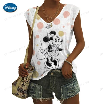 Женская модная футболка, майка с принтом Disney, Минни, Микки Маус, Летний повседневный жилет с V-образным вырезом, женская свободная рубашка без рукавов