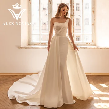 Свадебные платья Русалки ALEX NOVIAS 2023 На Одно плечо С Мерцающим Съемным Шлейфом, Атласное Платье-Труба Vestidos Novias De Saten