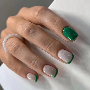 Простой минималистичный однотонный белый Свежий яркий натуральный зеленый С полным покрытием, набор накладных ногтей, клей для хипстерского Лета