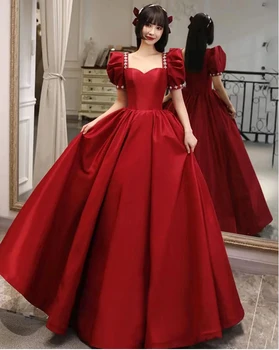 Винно-красный Халат de Soiree, Сексуальные атласные вечерние платья 2023 с пышными рукавами и квадратным воротником, Элегантные вечерние платья для вечеринок