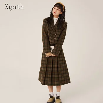 Винтажная юбка Xgoth, женский шерстяной короткий блейзер из двух частей, Твидовый костюм в ретро-клетку, плиссированная юбка в пол-тела на осень-зиму
