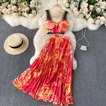 Женское платье для летних каникул, пляжное платье в стиле бохо, женские летние укороченные топы на бретелях с цветочным принтом, укороченная юбка в складку SR643