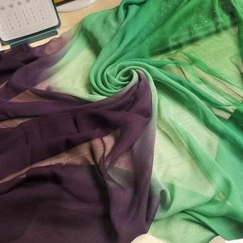 1 метр X 1,14 метра Зелено-фиолетовая шелковая марля Омбре, 100% Натуральный Жоржет, шифон, шелковая ткань для танцев