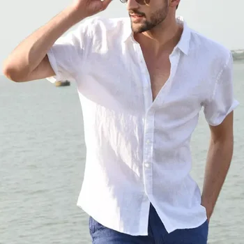 Мужская летняя новая однотонная повседневная однобортная рубашка-кардиган с коротким рукавом и лацканами