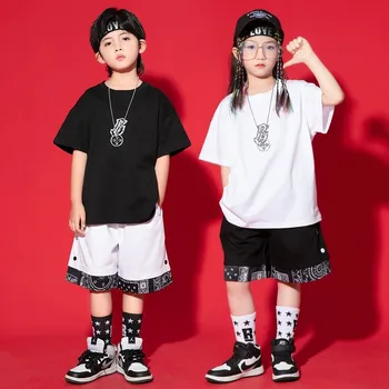 Летняя детская одежда в стиле хип-хоп, Белая Черная хлопчатобумажная футболка, топ, свободные шорты, костюм для джазовых танцев для девочек-подростков, уличная одежда для мальчиков