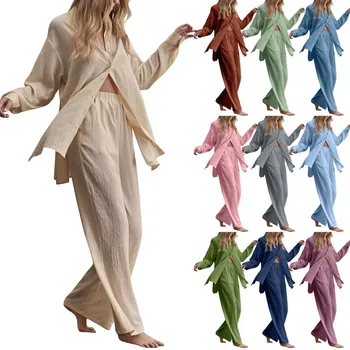 Пижамы из чистого хлопка и льна цвета Хаки с V образным вырезом, однобортные Широкие брюки, брючные костюмы с заниженными рукавами, Женский комплект из 2 предметов, одежда для отдыха