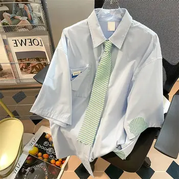 Женская рубашка EBAIHUI с галстуком, японский опрятный полосатый топ, повседневная свободная летняя блузка в стиле пэчворк, рубашки для пар с хай-стрит
