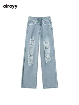 Рваные джинсы для женщин, синие джинсовые брюки с высокой талией, дизайнерская широкая прямая уличная одежда, мода 2023, Весенние Корейские брюки