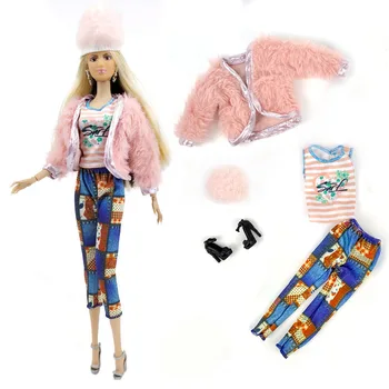 Зимний модный комплект кукольной одежды для Барби, розовая шуба, брюки, шляпа, обувь для кукол 1/6 BJD, аксессуары для кукол, детские игрушки