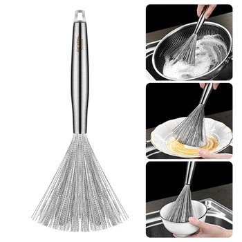 Щетка для чистки кухонной посуды из нержавеющей стали, щетка для чистки кастрюль, сковородок, эффективный скребок для мытья посуды с ручкой