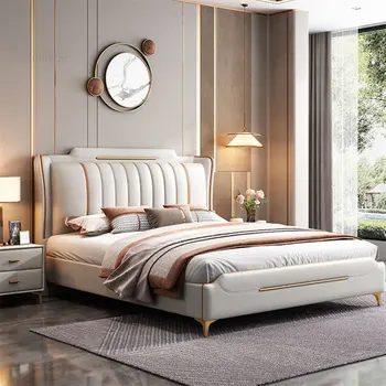 Итальянские минималистичные кожаные каркасы для мебели для спальни Nordic Light Роскошная дизайнерская кровать для главной спальни 1,8 м Двуспальная кровать
