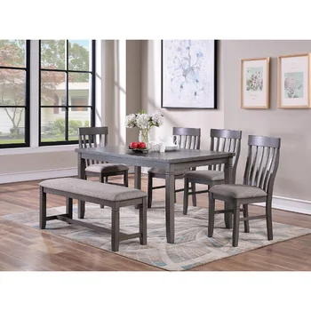 Мебель для гостиной Простой обеденный стол из 6 предметов, 4 приставных стула и скамейка из массива дерева и шпона серого цвета, смесь твердых пород
