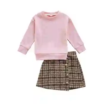 Юбки для маленьких девочек от 1 до 6 лет, наряды, однотонные розовые топы с длинными рукавами + юбки с пуговицами в клетку, комплект на весну-осень для девочек