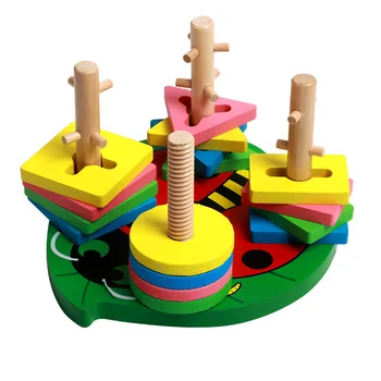 Деревянные головоломки Детские игрушки Графика Мультяшные Красочные игрушки для раннего обучения Форма жука Четыре колонки Интеллектуальные деревянные игрушки