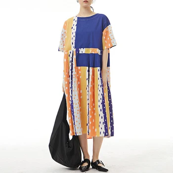 Свободное женское платье Johnature в стиле пэчворк с круглым вырезом и коротким рукавом, летний новый модный хит 2023, Женские платья с цветными карманами