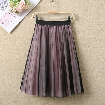 TingYiLi Винтажная Черно-Розовая Контрастная Женская плиссированная юбка в Корейском стиле, весенне-летняя тюлевая юбка Длиной до колен, трапециевидная юбка, 4 слоя