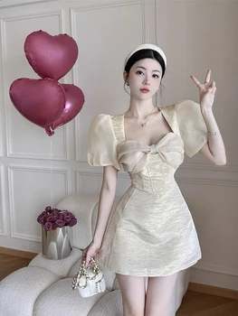 Женское платье принцессы с пышными рукавами, квадратный воротник, сетчатая юбка-пузырек, свадебная вечеринка, мини-платье феи для выпускного вечера