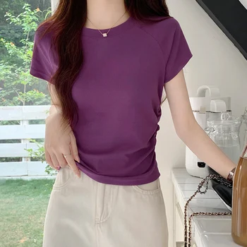 Летние однотонные женские футболки с открытой спиной, новинка 2023 года, повседневные рубашки с круглым вырезом и коротким рукавом, модные нижние Корейские базовые топы для женщин.