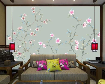 Обои на заказ, простые и элегантные, в новом китайском стиле, ручная роспись в виде цветка персика, гостиная, спальня, фон для телевизора, настенная роспись