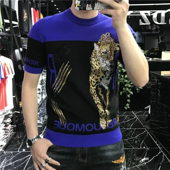 Футболка с тигровыми стразами Homme, персонализированная контрастная термоусадочная приталенная эластичная футболка с коротким рукавом и круглым вырезом, мужская рубашка