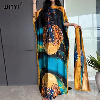 WINYI Africa 2023, свободное длинное платье с поясом, женский модный кафтан с принтом, Повседневное Элегантное праздничное летнее шелковое богемное вечернее платье