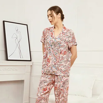 Хлопчатобумажный комплект для сна, пижамы, Домашняя одежда, рубашка с цветочным принтом, брюки, пижама с коротким рукавом, Одежда для сна, женские 2шт.