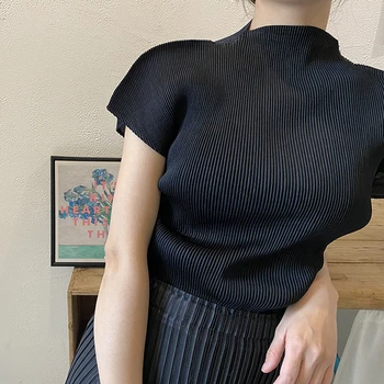 Черные футболки с плиссированным вырезом Miyake, женские Летние Корейские модные Повседневные топы, Дизайнерская эстетическая одежда 2023 г.