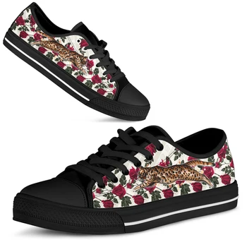 ELVISWORDS Модный дизайн Cheetah Rose, Классическая женская вулканизированная обувь с низким берцем, Удобные черные парусиновые туфли на мягкой подошве Zapatos
