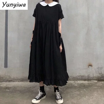 Женское платье с коротким рукавом и воротником, черное, 4XL, для милых девушек в стиле Харадзюку, Свободное, Летнее, плиссированное, длинное