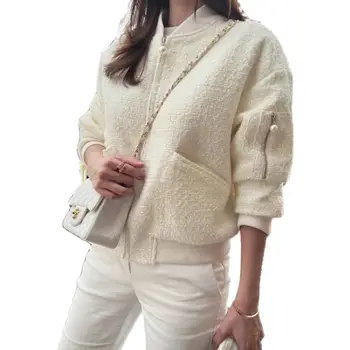 Женская твидовая шерстяная куртка с круглым вырезом и карманом на молнии, женское элегантное пальто из смесовой ткани с длинным рукавом 2023, весна-осень, новинка