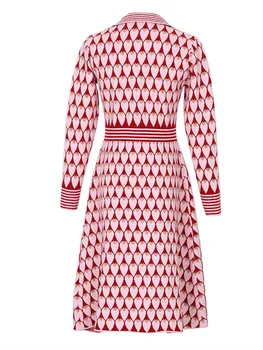 Зимние женские винтажные жаккардовые вязаные платья в форме красной любви, женская брендовая одежда, однобортное платье-свитер Миди