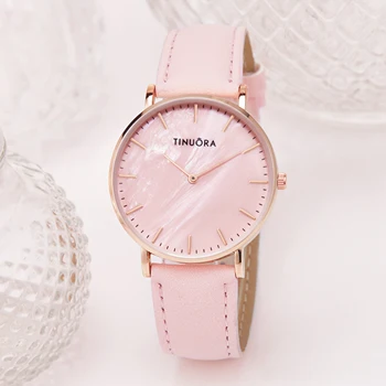 Простые кварцевые часы для женщин, 30-метровый водонепроницаемый Розовый циферблат, женские часы, кожаный ремешок для часов, модные повседневные женские часы reloj mujer