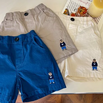 Летние детские шорты 2023 года с вышивкой мультяшного медведя, универсальные хлопковые брюки средней длины для мальчиков и девочек, повседневные брюки для малышей