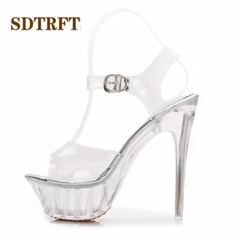 SDTRFT Plus: 35-43 Летние женские туфли с прозрачным хрусталем на ультравысоком каблуке 14 см, с открытым носком, пикантные туфли-лодочки с ремешком на щиколотке и пряжкой